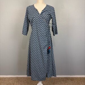 JANASYA Beaded Wood Tassel Floral Print Cotton Wrap Kurta Dress Blue White XL